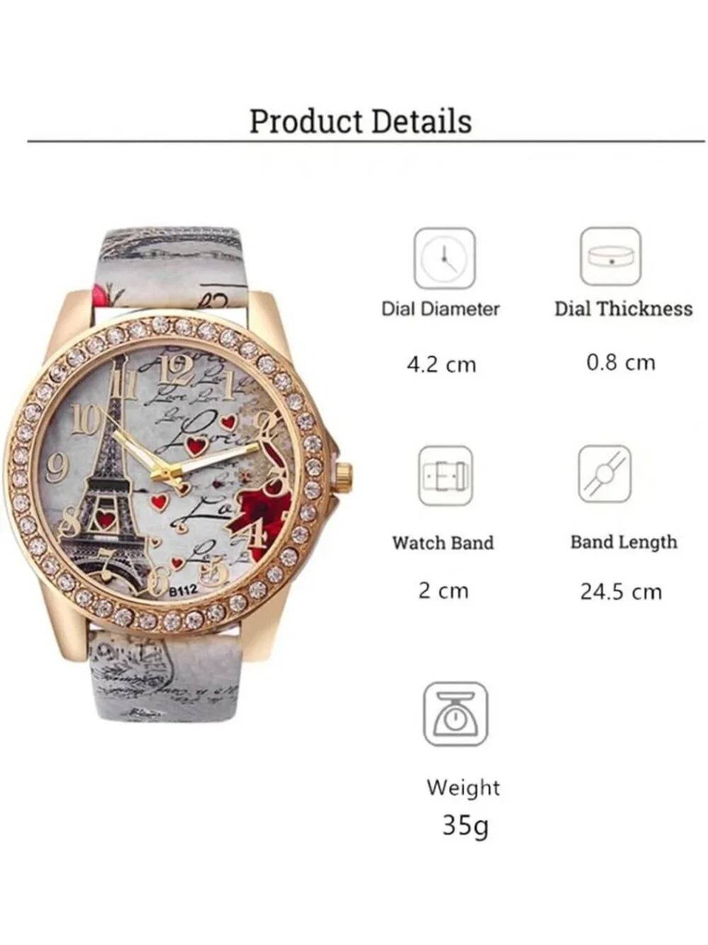 Women's Red Analog Quartz Solid Pu Leather Strap Bling Rhinestone Wrist Watch